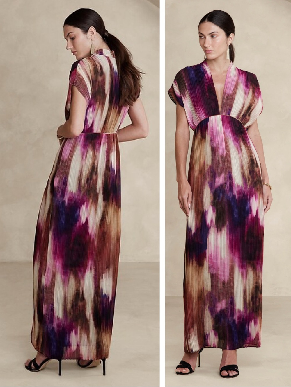 Banana Republic Ana Pleated Maxi Dress Purple Print Vneck L Large Ethereal Flowy